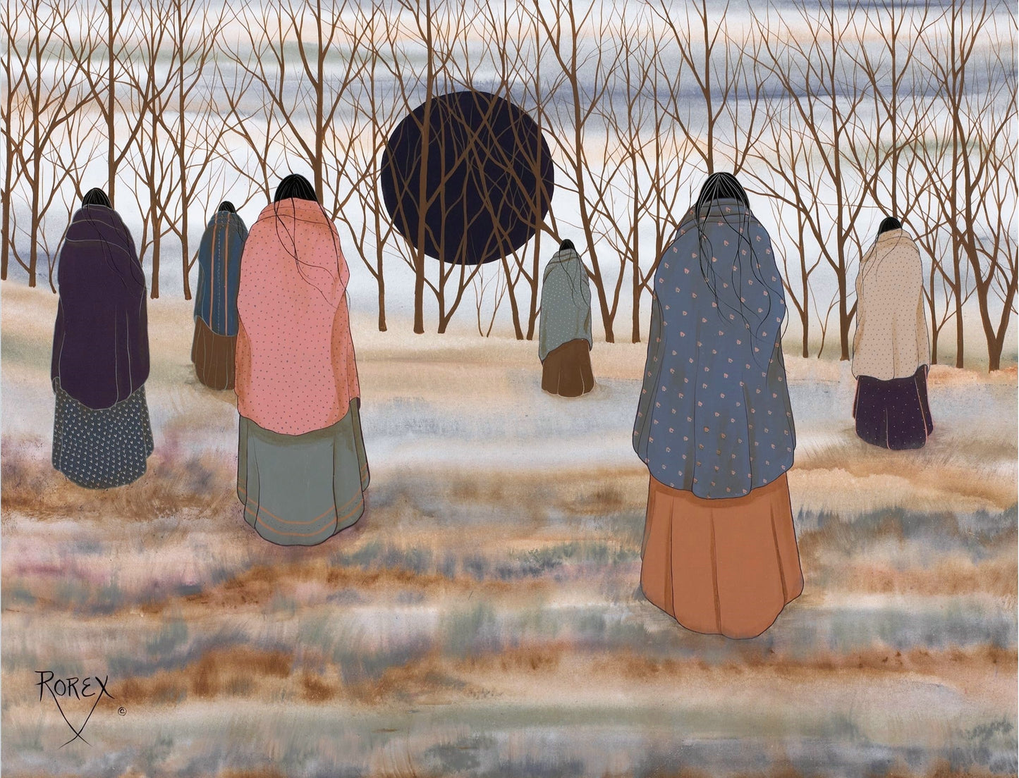 Six tribal women in brightly colored blankets walking toward the woods