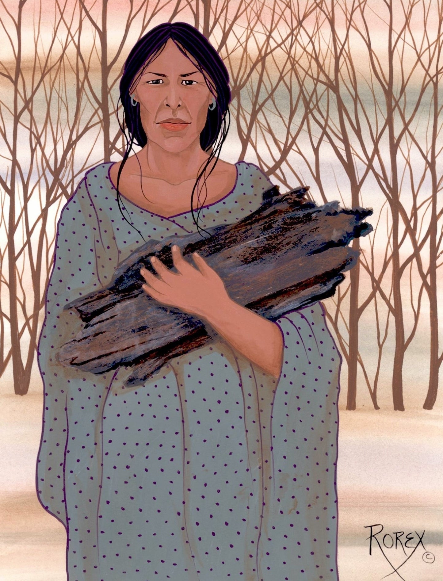 woman -gathering an armload of wood to start the morning fire -