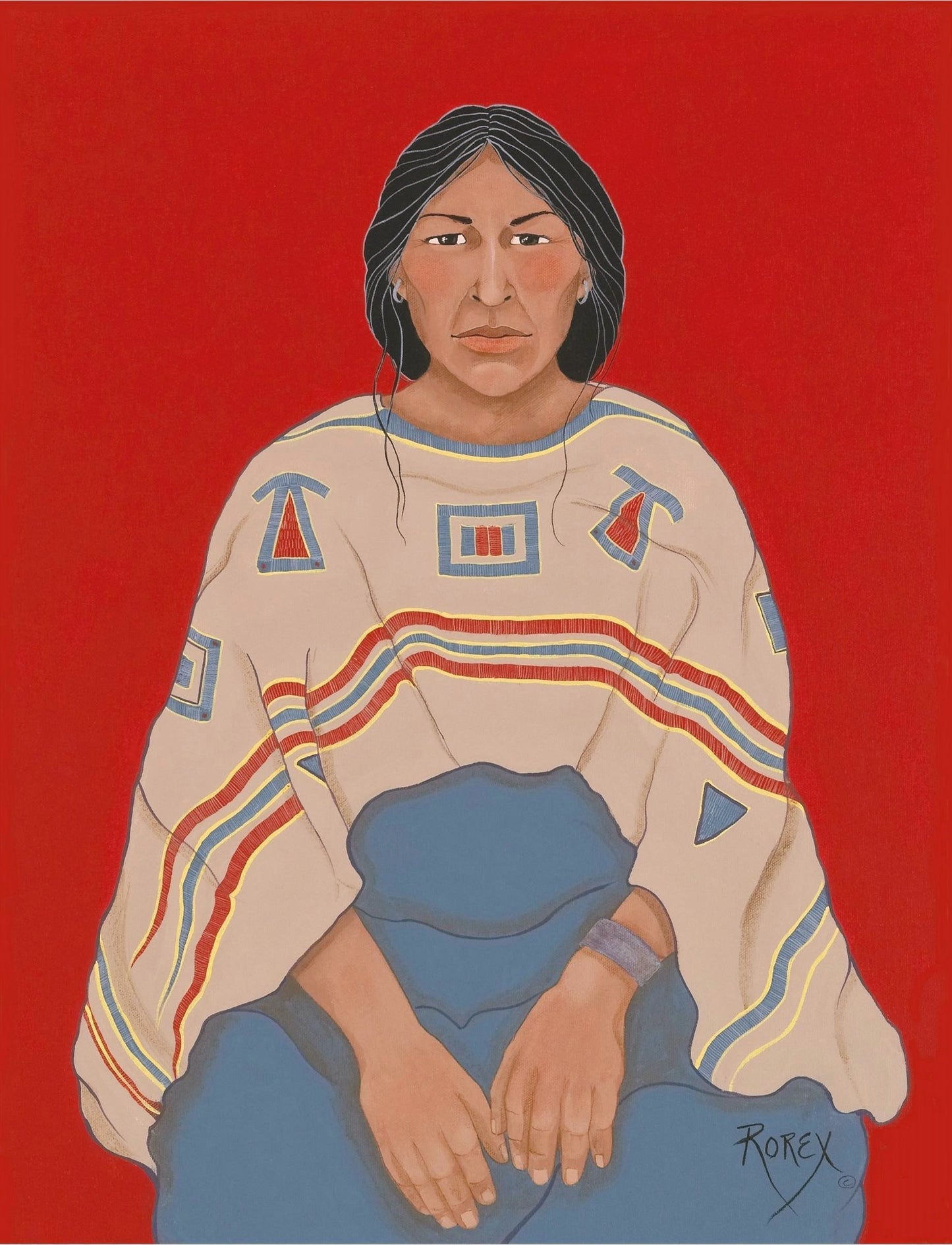 striking red background compliments the buckskin shawl