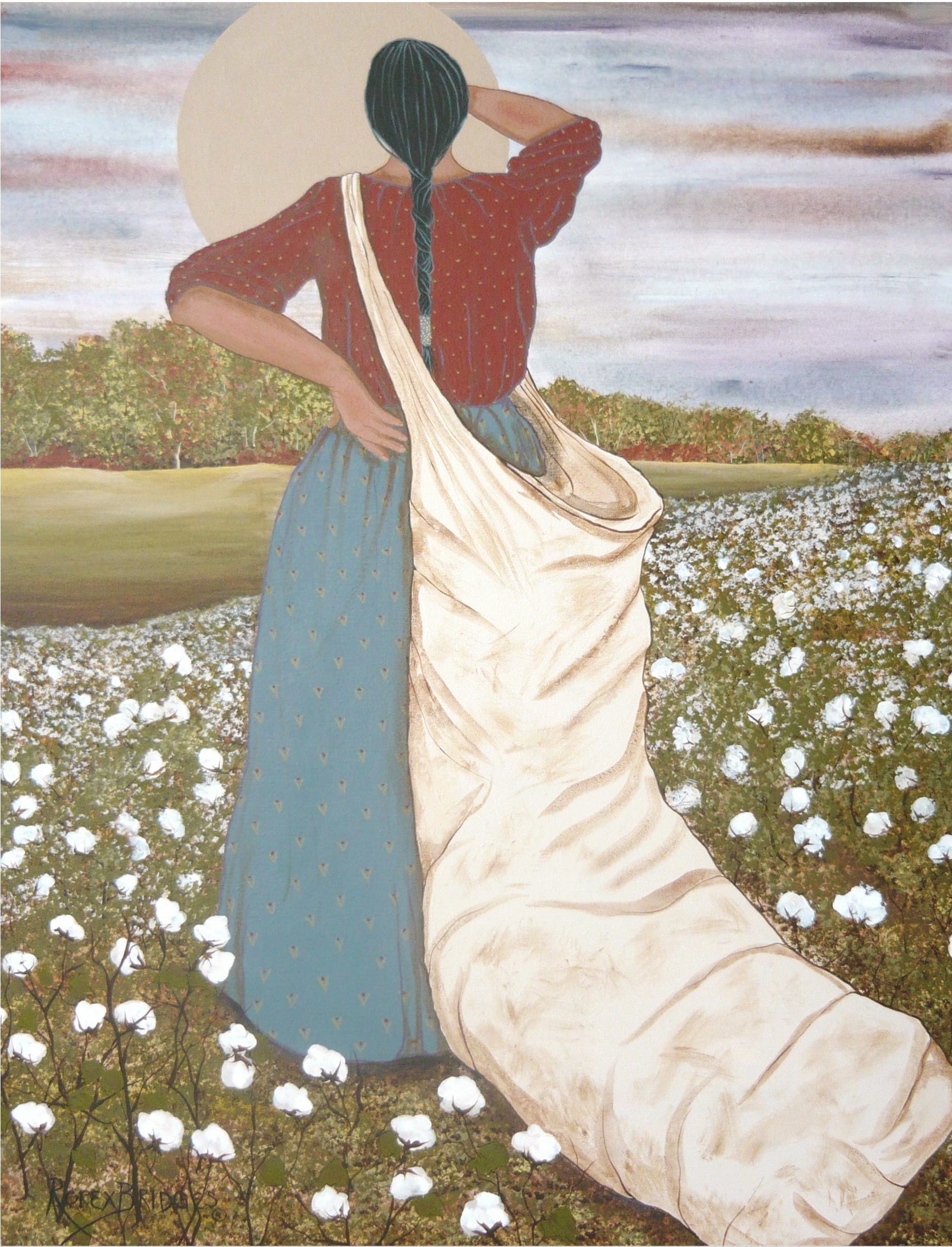 Native woman harvesting her first crop of cotton