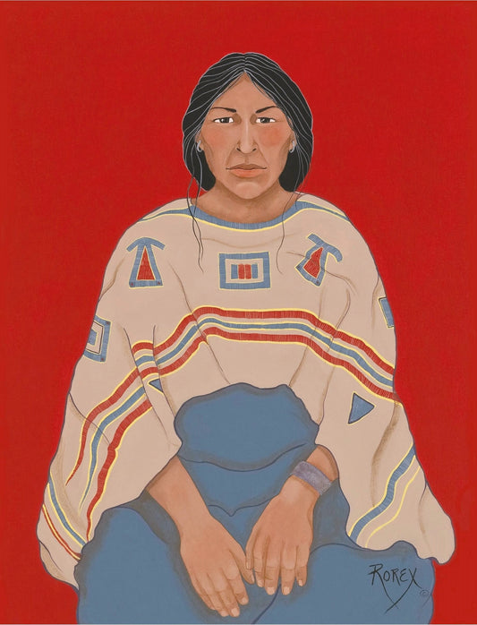striking red background compliments the buckskin shawl 