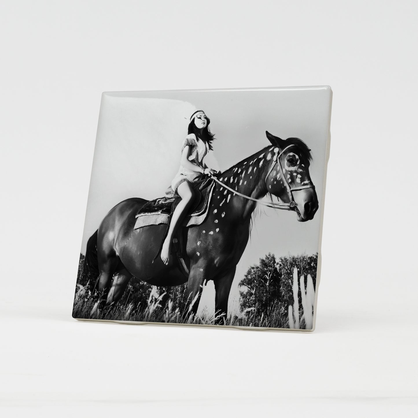 Native American Girl on Horse Ceramic Coaster