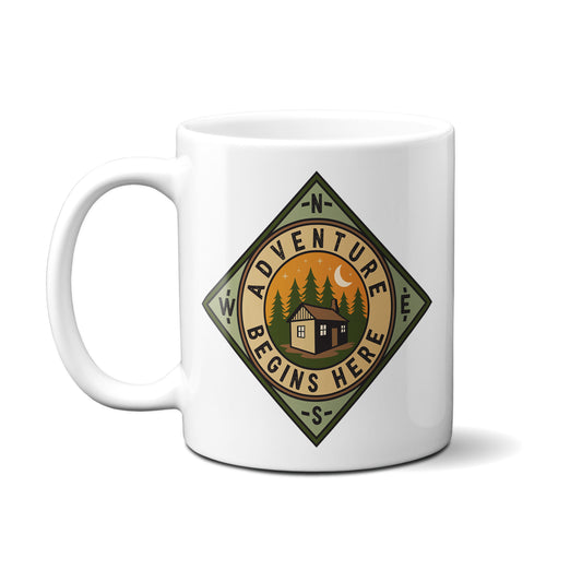 Adventure Begins Here Badge Mug